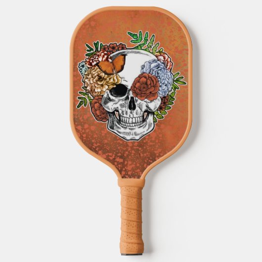 Sugar Skull Art Blume Butterfly Orange Grunge Pickleball Schläger (Vorderseite)