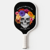 Sugar Skull Art Collage Farbige Blume auf schwarz Pickleball Schläger (Rückseite)