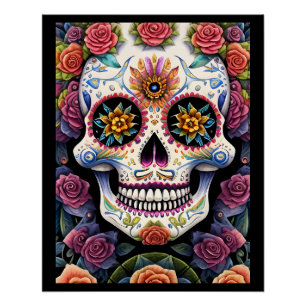 Sugar Skull Art - Dia de los Muertos Floral Skull Poster