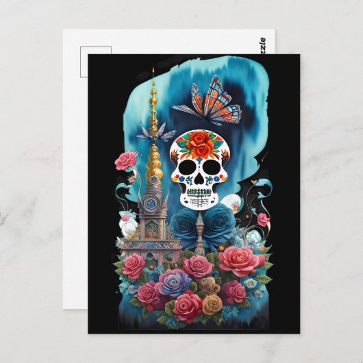 Sugar Skull Art - Farbenfrohe Altar Postkarte (Vorne/Hinten)