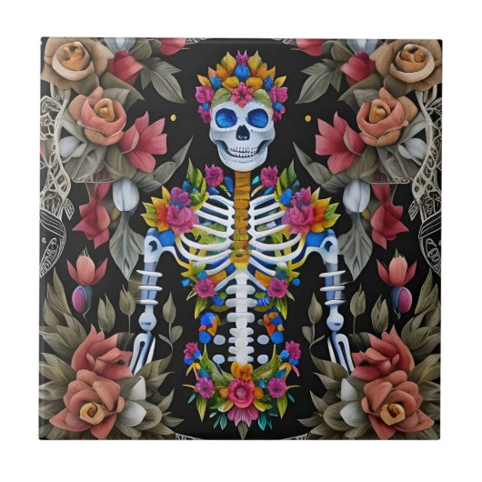 Sugar Skull Art - Farbiges Skelett Fliese (Vorderseite)