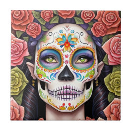 Sugar Skull Art - Frau im Dazzling Makeup Fliese