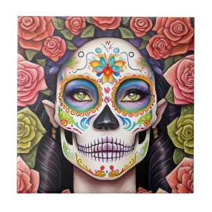 Sugar Skull Art - Frau im Dazzling Makeup Fliese