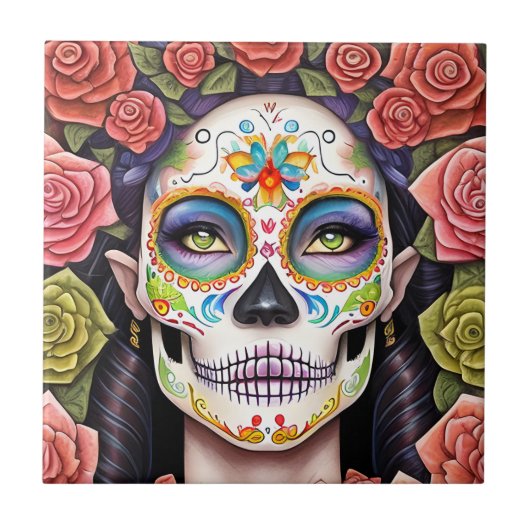 Sugar Skull Art - Frau im Dazzling Makeup Fliese (Vorderseite)