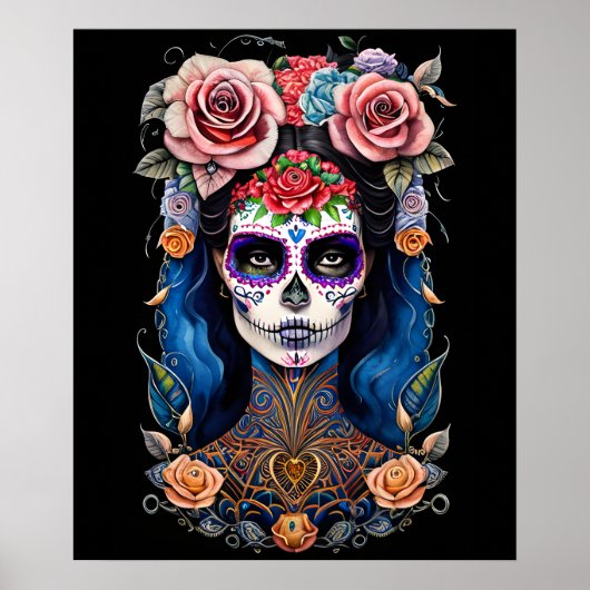 Sugar Skull Art - Frau im wunderschönen Schädel Ma Poster (Vorne)