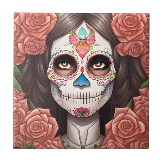 Sugar Skull Art - Frau in Makeup Fliese (Vorderseite)