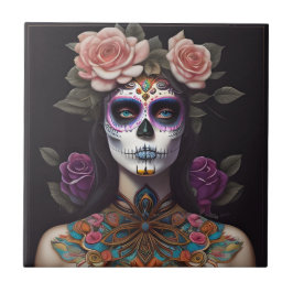 Sugar Skull Art - Frauen im Strickmakeup Fliese