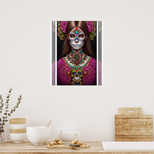 Sugar Skull Art - Frauen im Strickmakeup Poster (Küche)