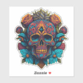 Sugar Skull Art - in Rot, Blau und Gold Aufkleber (Blatt)