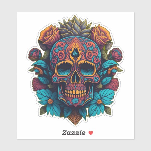 Sugar Skull Art - in Rot, Blau und Gold Aufkleber (Blatt)