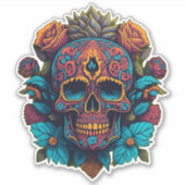Sugar Skull Art - in Rot, Blau und Gold Aufkleber (Vorderseite)