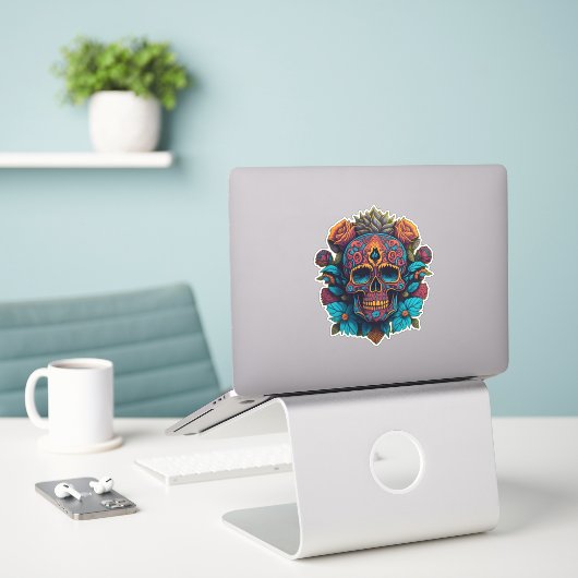 Sugar Skull Art - in Rot, Blau und Gold Aufkleber (Laptop auf Schreibtisch)