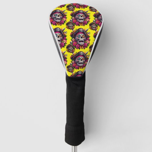 Sugar Skull Art - Jolly Pirate Skull (Gelb) Golf Headcover (Vorderseite)
