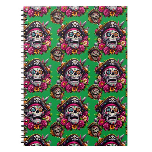 Sugar Skull Art - Jolly Pirate Skull (grün) Notizblock (Vorderseite)