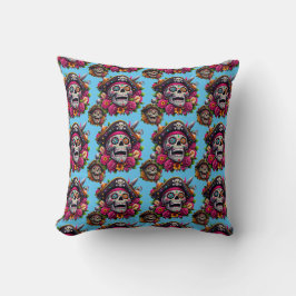 Sugar Skull Art - Jolly Pirate Skull (Sky Blue) Kissen