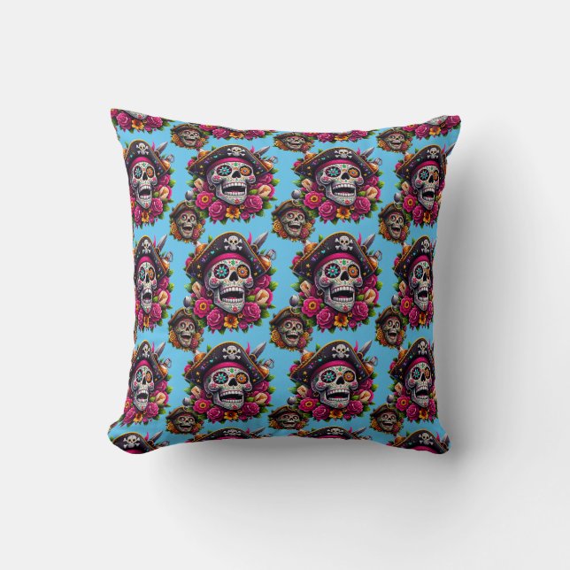 Sugar Skull Art - Jolly Pirate Skull (Sky Blue) Kissen (Vorderseite)