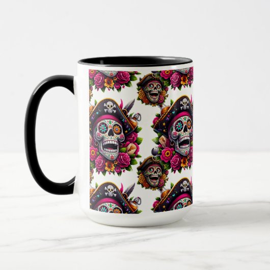 Sugar Skull Art - Jolly Pirate Skull (weiß) Tasse (Links)