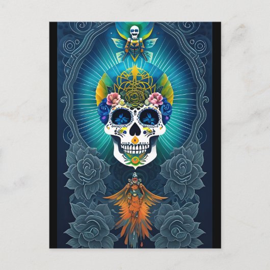 Sugar Skull Art - Lebhafter Tag der Toten Postkarte (Vorderseite)
