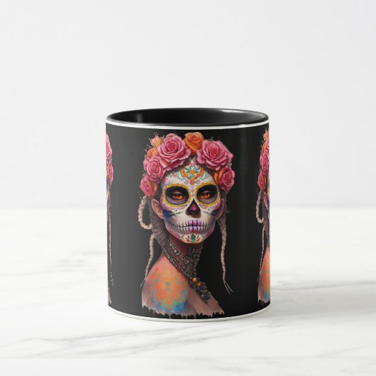 Sugar Skull Art - Mädchen mit geflochtenem Haar un Tasse (Zentrum)