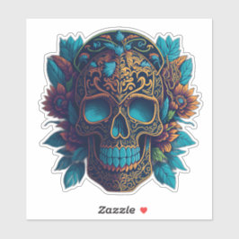 Sugar Skull Art - Schwarz und Gold Blume Skull Aufkleber