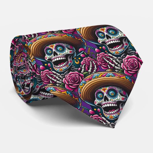Sugar Skull Art - Skeleton Sombrero Rose Calavera Krawatte (Gerollt)