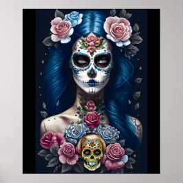 Sugar Skull Art - Strickende Frau im Skull Makeup Poster