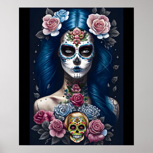 Sugar Skull Art - Strickende Frau im Skull Makeup Poster (Vorne)