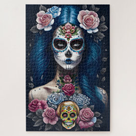 Sugar Skull Art - Strickende Frau im Skull Makeup Puzzle