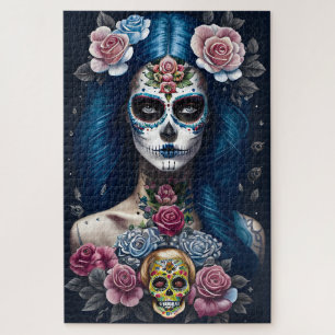 Sugar Skull Art - Strickende Frau im Skull Makeup Puzzle