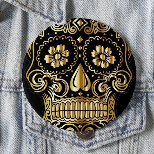 Sugar Skull Art, Tag des Toten Schwarzen und Gold Button