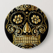 Sugar Skull Art, Tag des Toten Schwarzen und Gold Button (Vorderseite)