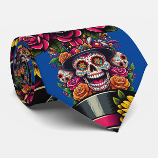Sugar Skull Art - Top Hat Floral Fiesta (Blau) Krawatte