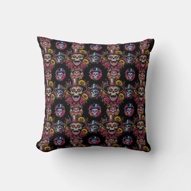 Sugar Skull Art - Top Hat Floral Fiesta Kissen (Vorderseite)