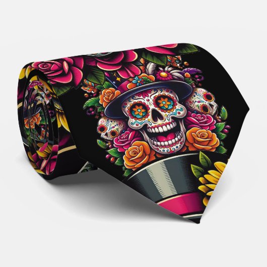 Sugar Skull Art - Top Hat Floral Fiesta Krawatte (Gerollt)