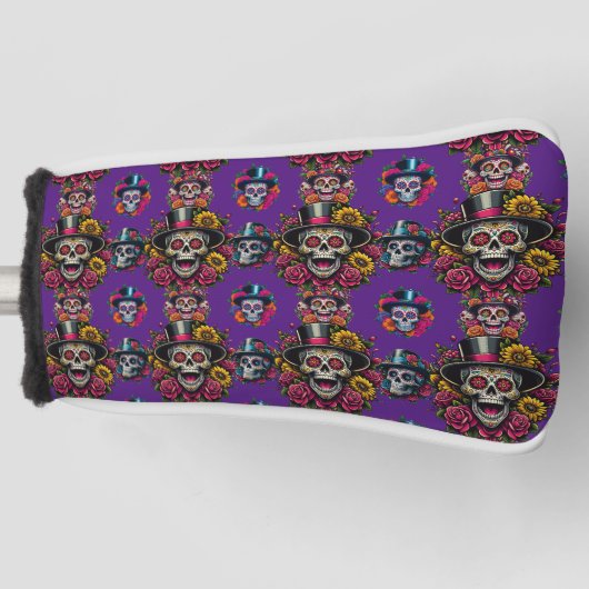 Sugar Skull Art - Top Hat Floral Fiesta (Lila) Golf Headcover (Vorderseite)