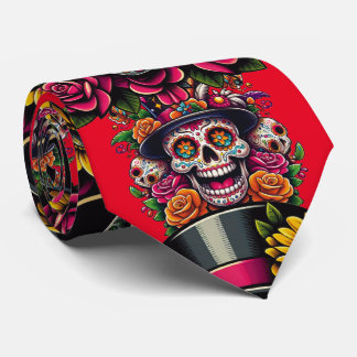 Sugar Skull Art - Top Hat floral Fiesta (Red. Krawatte