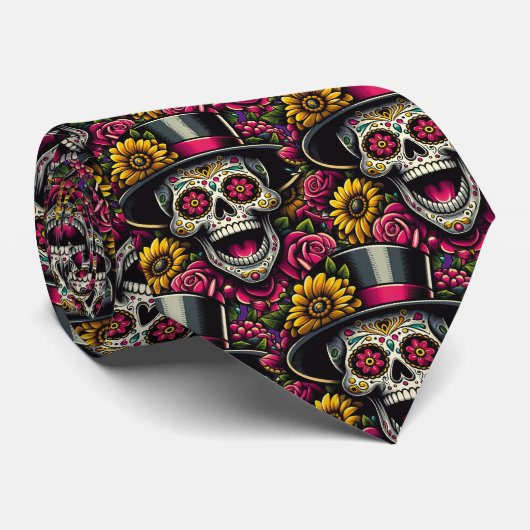 Sugar Skull Art - Top Hut und Sonnenblume Calavera Krawatte (Gerollt)