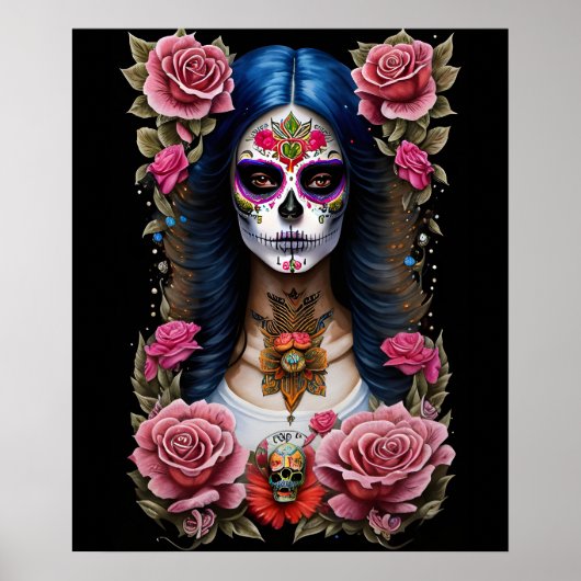 Sugar Skull Art - Traditionelle Frau Poster (Vorne)