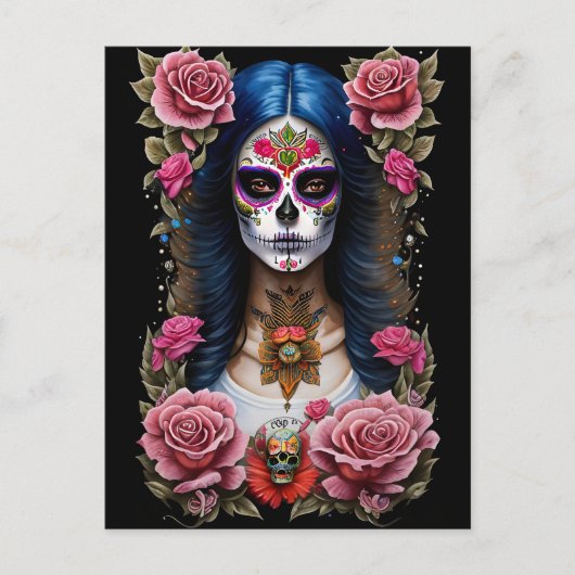 Sugar Skull Art - Traditionelle Frau Postkarte (Vorderseite)