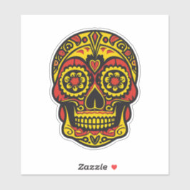 Sugar Skull Art - Traditionelles Rot/Gold mit Herz Aufkleber