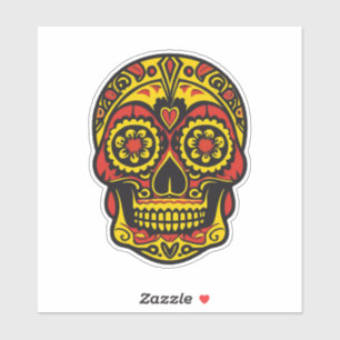 Sugar Skull Art - Traditionelles Rot/Gold mit Herz Aufkleber