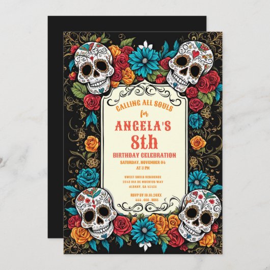 Sugar Skull Birthday Invites - Día de Muertos Einladung (Vorne/Hinten)