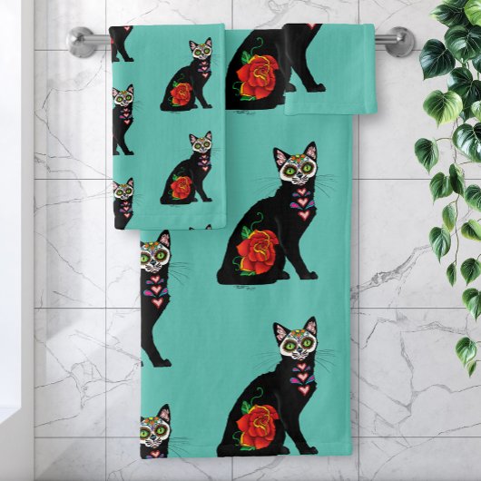 Sugar Skull Black Cat Badhandtuch Set