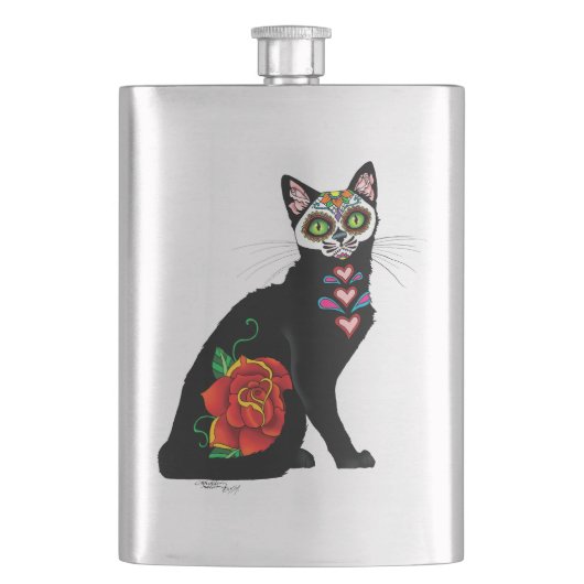 Sugar Skull Black Cat Flachmann (Vorderseite)