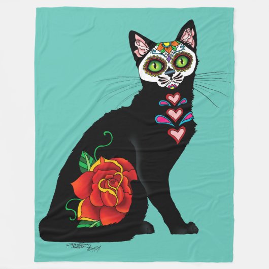 Sugar Skull Black Cat Fleecedecke (Vorderseite)
