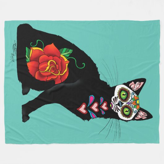Sugar Skull Black Cat Fleecedecke (Vorderseite (Horizontal))