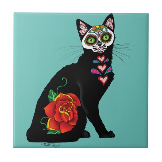 Sugar Skull Black Cat Fliese (Vorderseite)