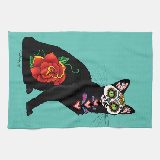 Sugar Skull Black Cat Geschirrtuch (Horizontal)