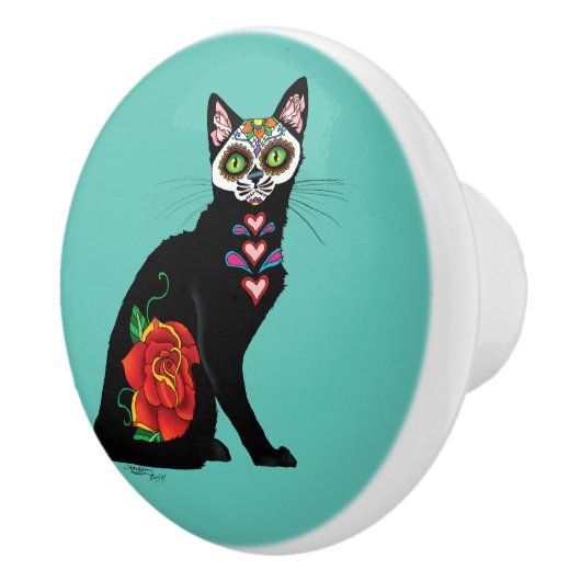 Sugar Skull Black Cat Keramikknauf (Rechts)