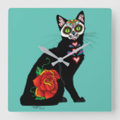 Sugar Skull Black Cat Quadratische Wanduhr (Vorderseite)